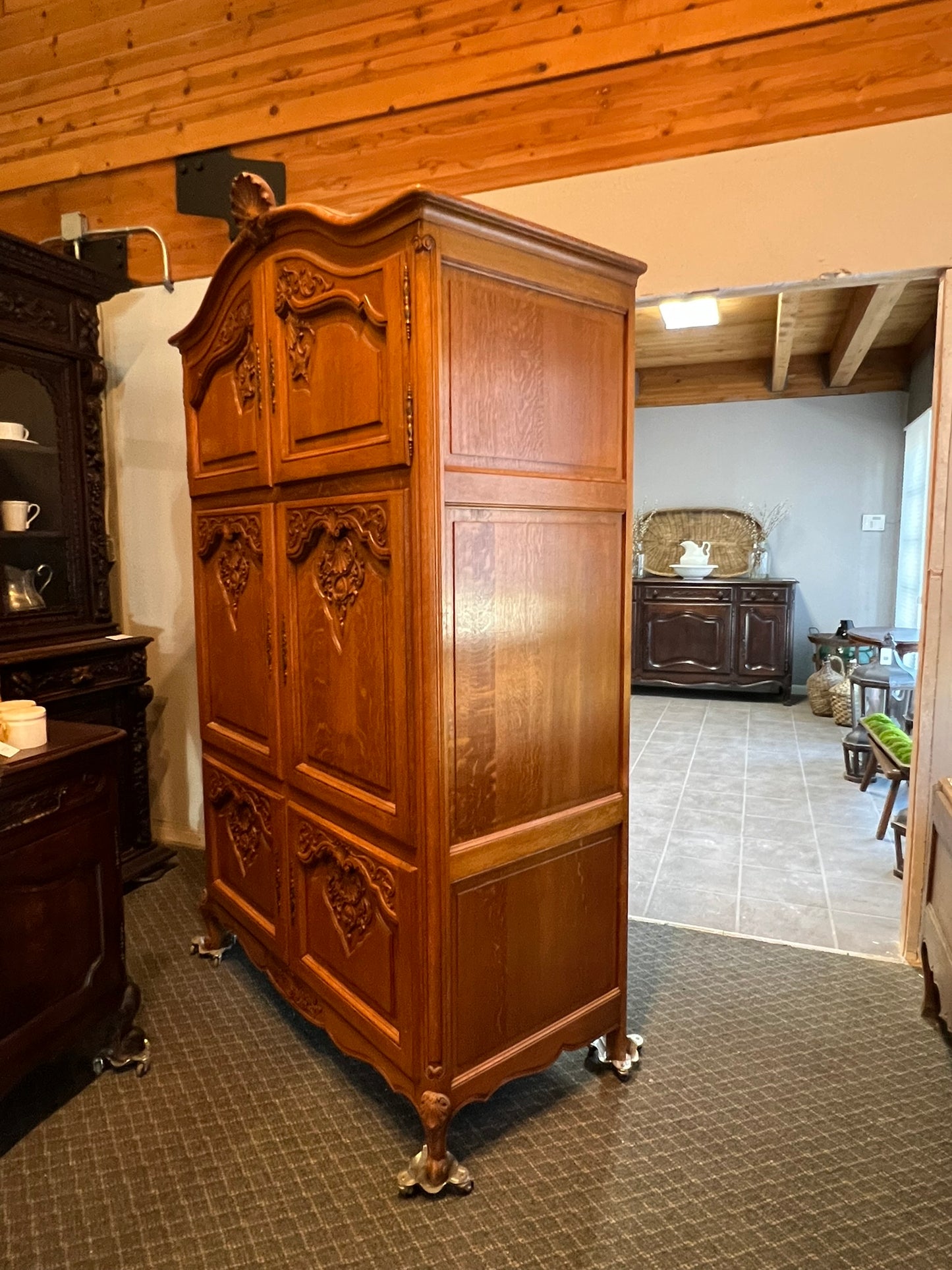 Vintage Belgian Oak Armoire or Dry Bar with Slide-In Doors and Carved Details