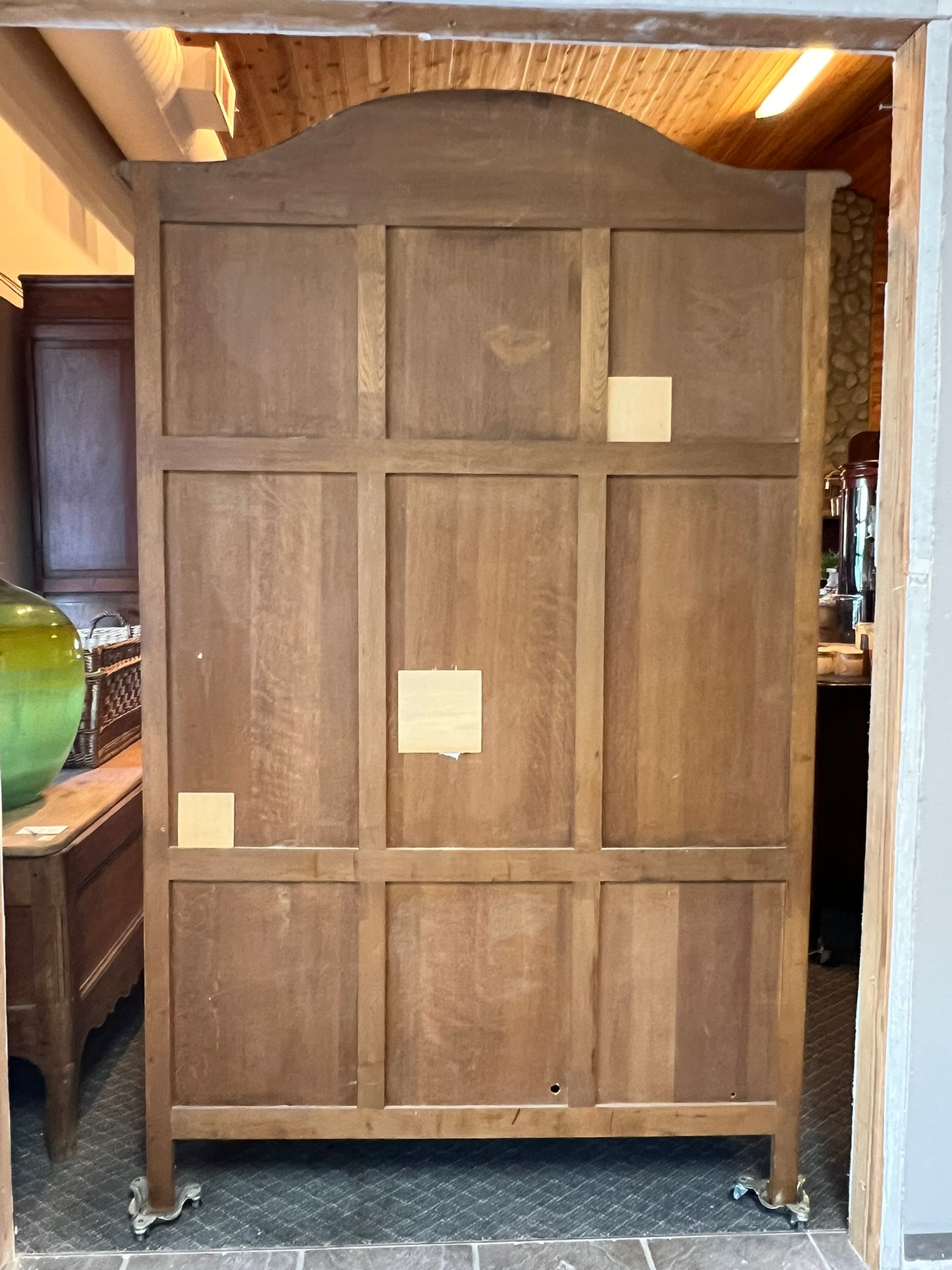 Vintage Belgian Oak Armoire or Dry Bar with Slide-In Doors and Carved Details