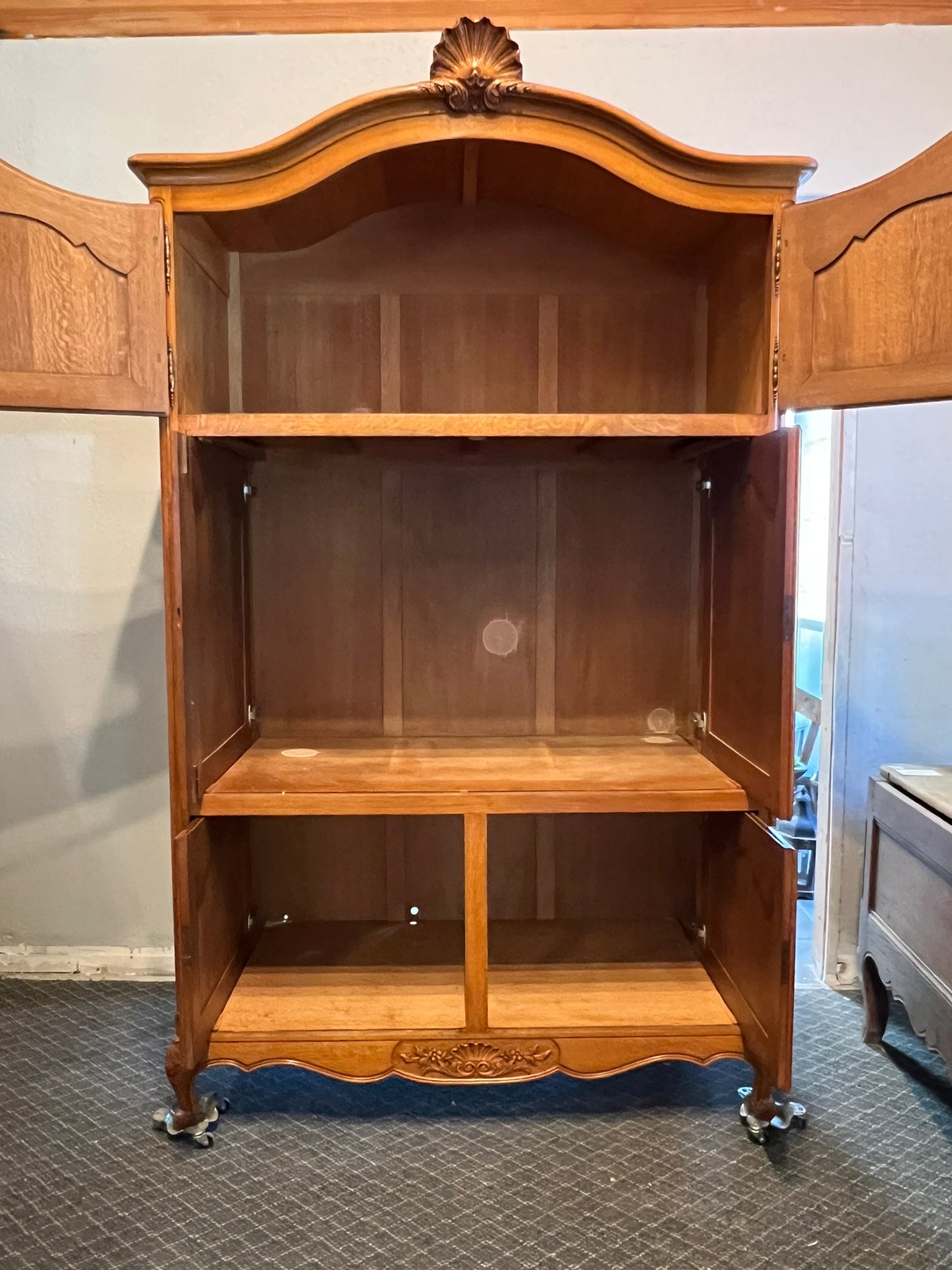 Vintage Belgian Oak Armoire or Dry Bar with Slide-In Doors and Carved Details