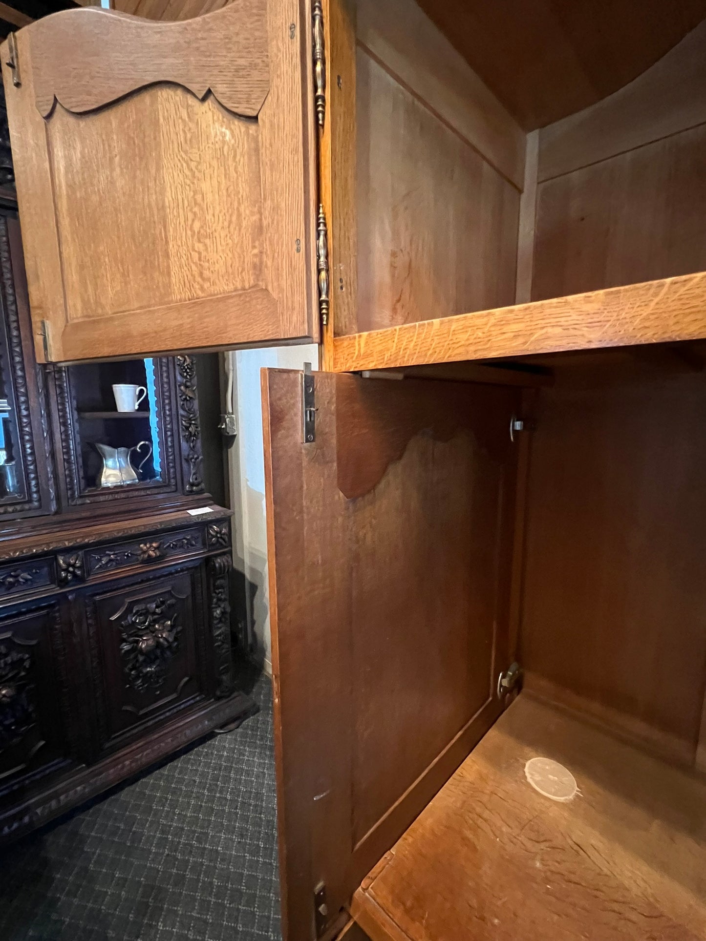 Vintage Belgian Oak Armoire or Dry Bar with Slide-In Doors and Carved Details
