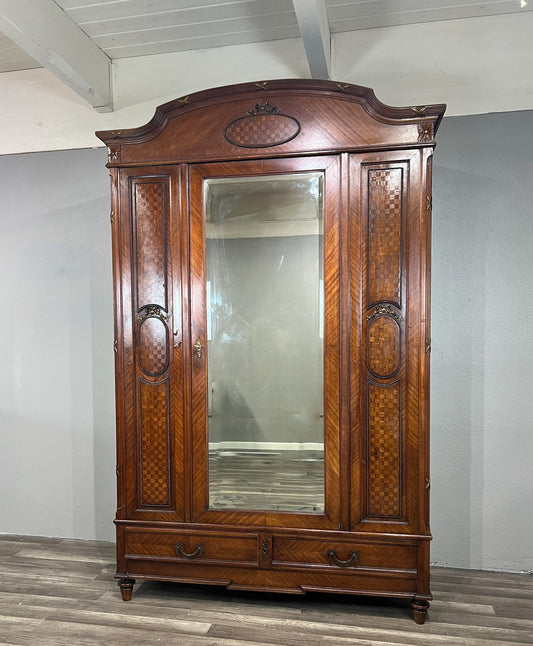 Antique French Walnut Louis XIV Parquet Armoire with Mirror & Brass Inlay, circa 1890