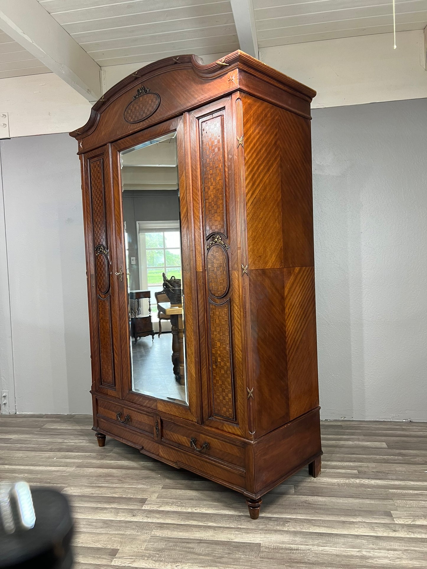 Antique French Walnut Louis XIV Parquet Armoire with Mirror & Brass Inlay, circa 1890