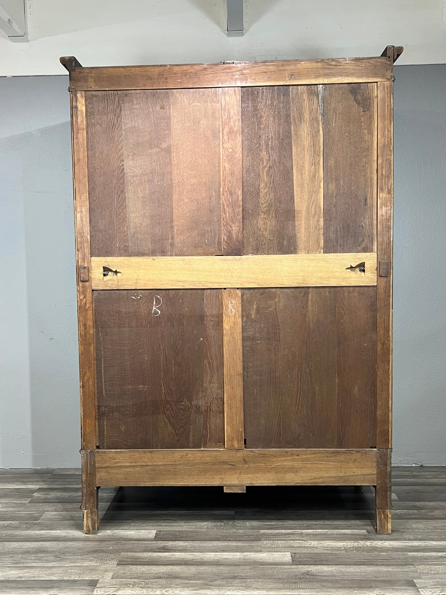 Antique French Walnut Louis XIV Parquet Armoire with Mirror & Brass Inlay, circa 1890