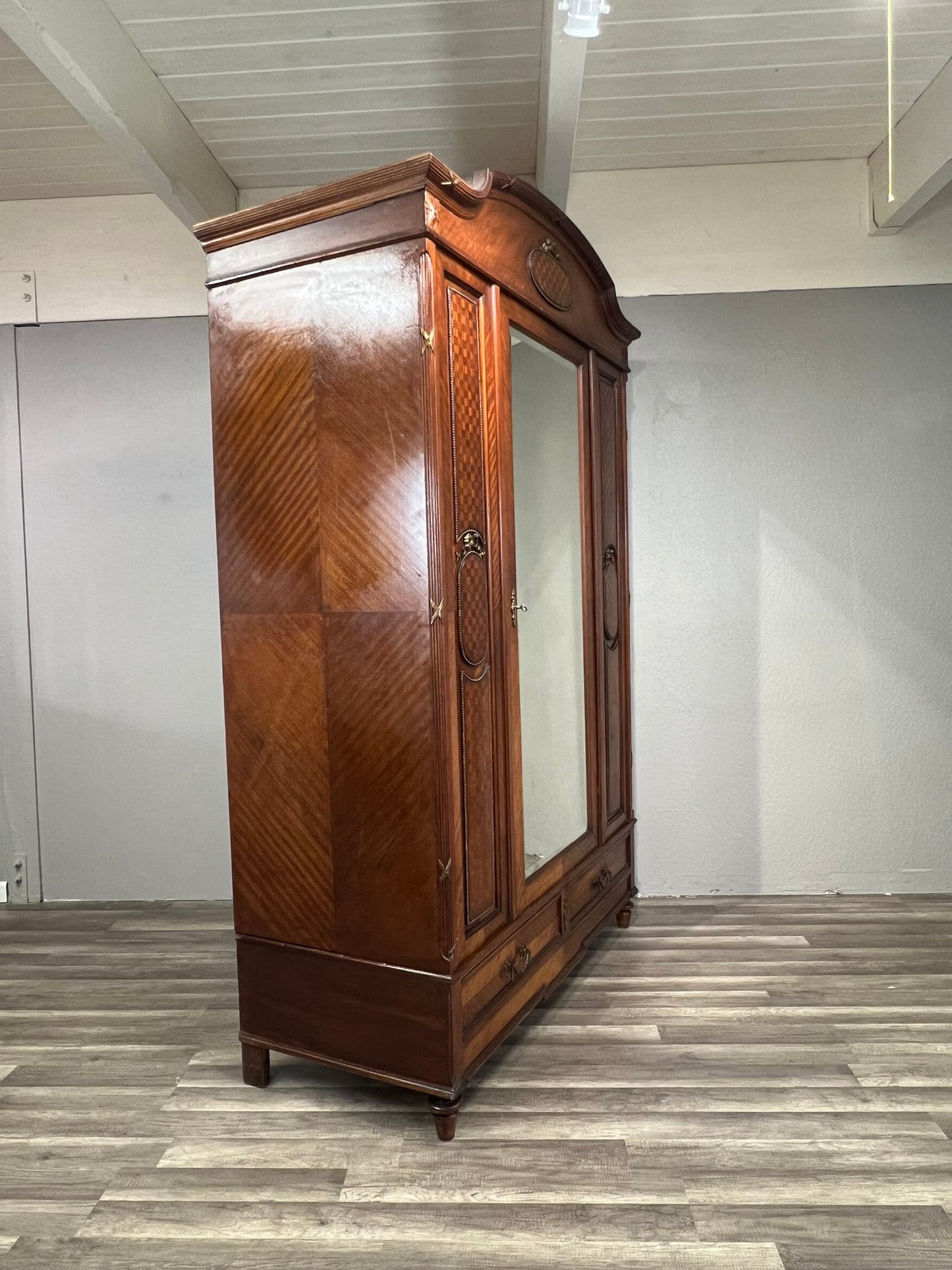 Antique French Walnut Louis XIV Parquet Armoire with Mirror & Brass Inlay, circa 1890