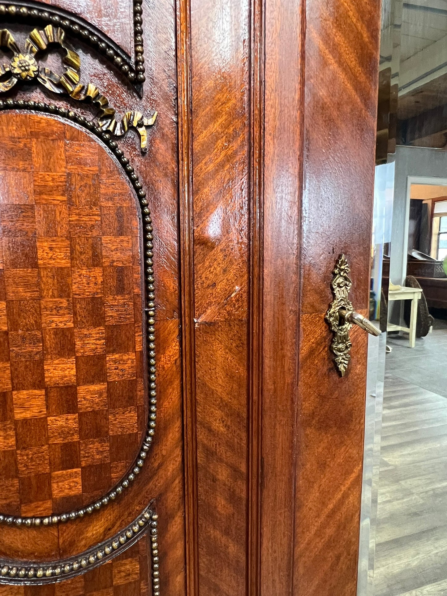 Antique French Walnut Louis XIV Parquet Armoire with Mirror & Brass Inlay, circa 1890