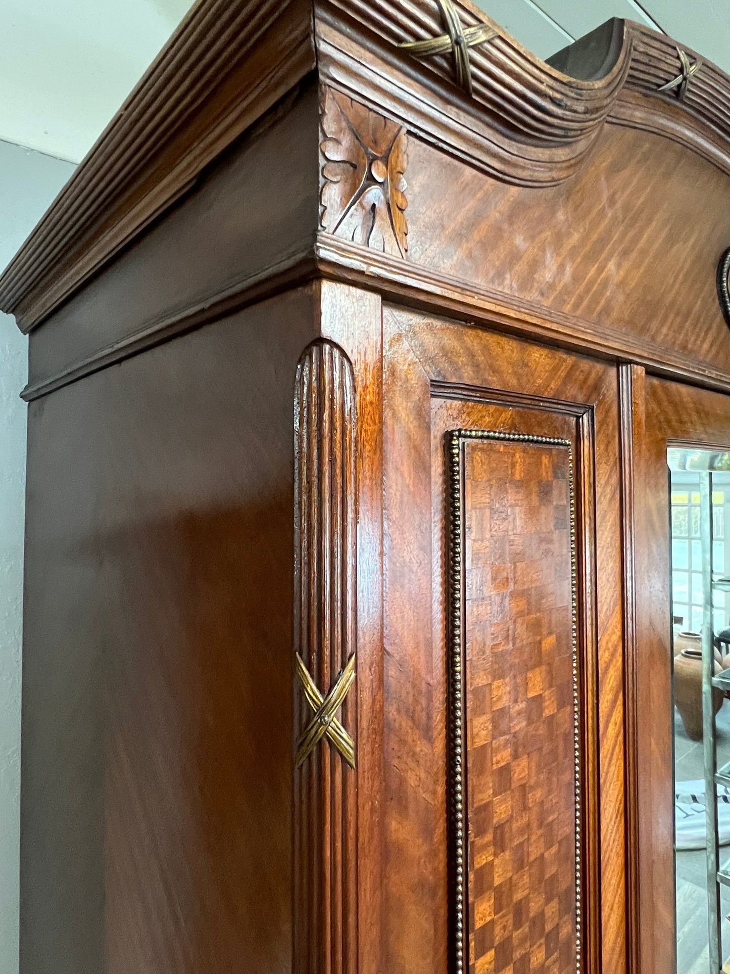 Antique French Walnut Louis XIV Parquet Armoire with Mirror & Brass Inlay, circa 1890