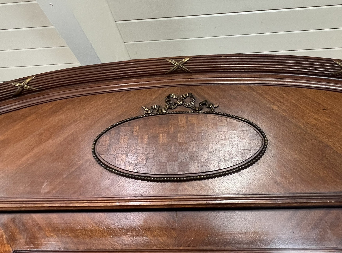 Antique French Walnut Louis XIV Parquet Armoire with Mirror & Brass Inlay, circa 1890