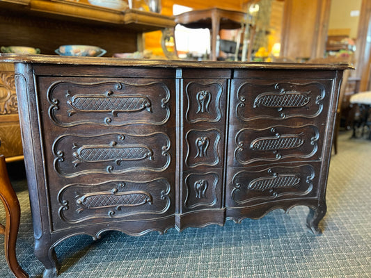 Vintage French Normandy Oak Desk with Carved Detailing and Storage