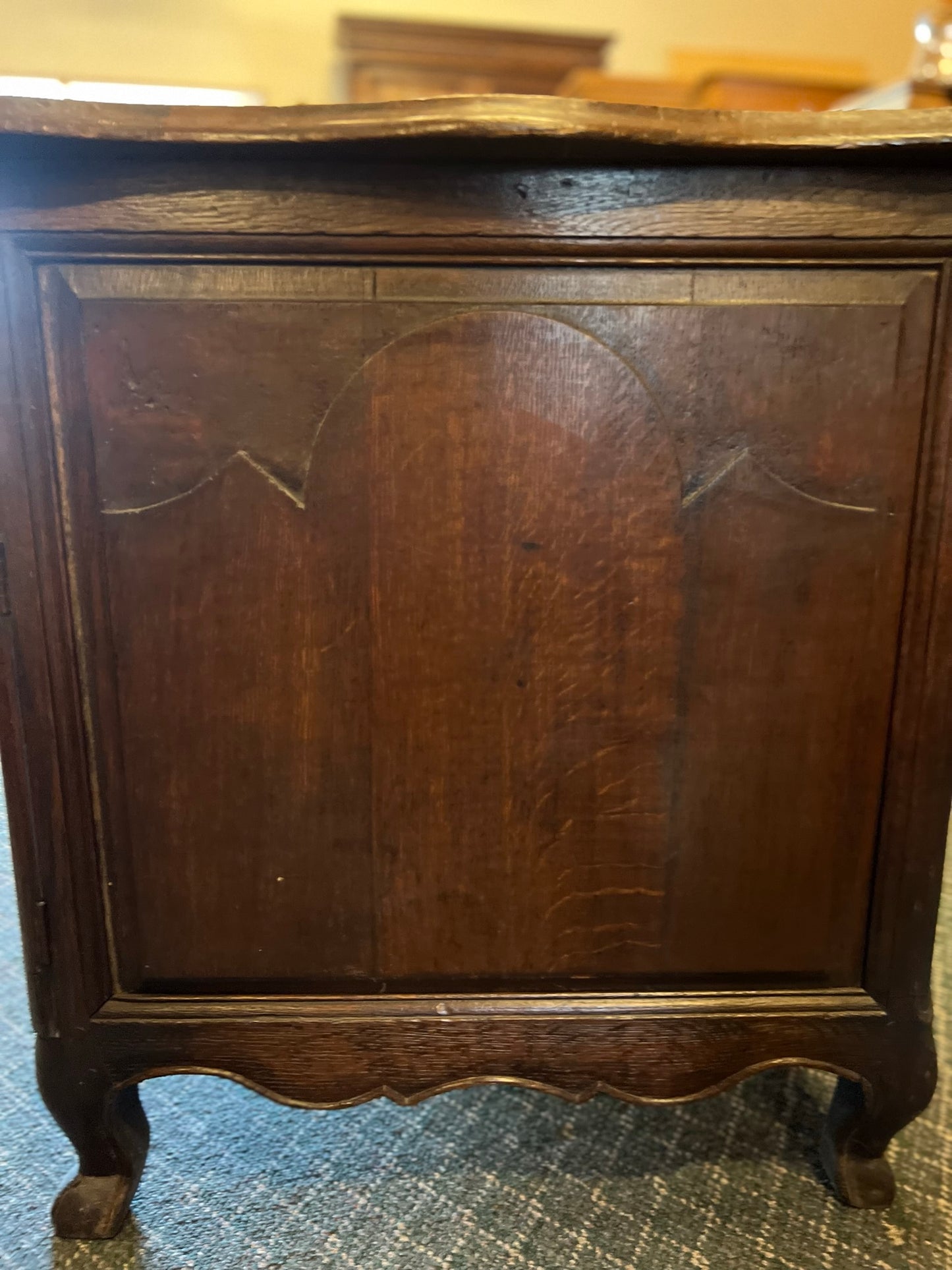 Vintage French Normandy Oak Desk with Carved Detailing and Storage