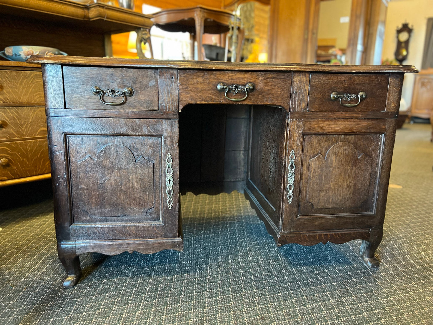 Vintage French Normandy Oak Desk with Carved Detailing and Storage