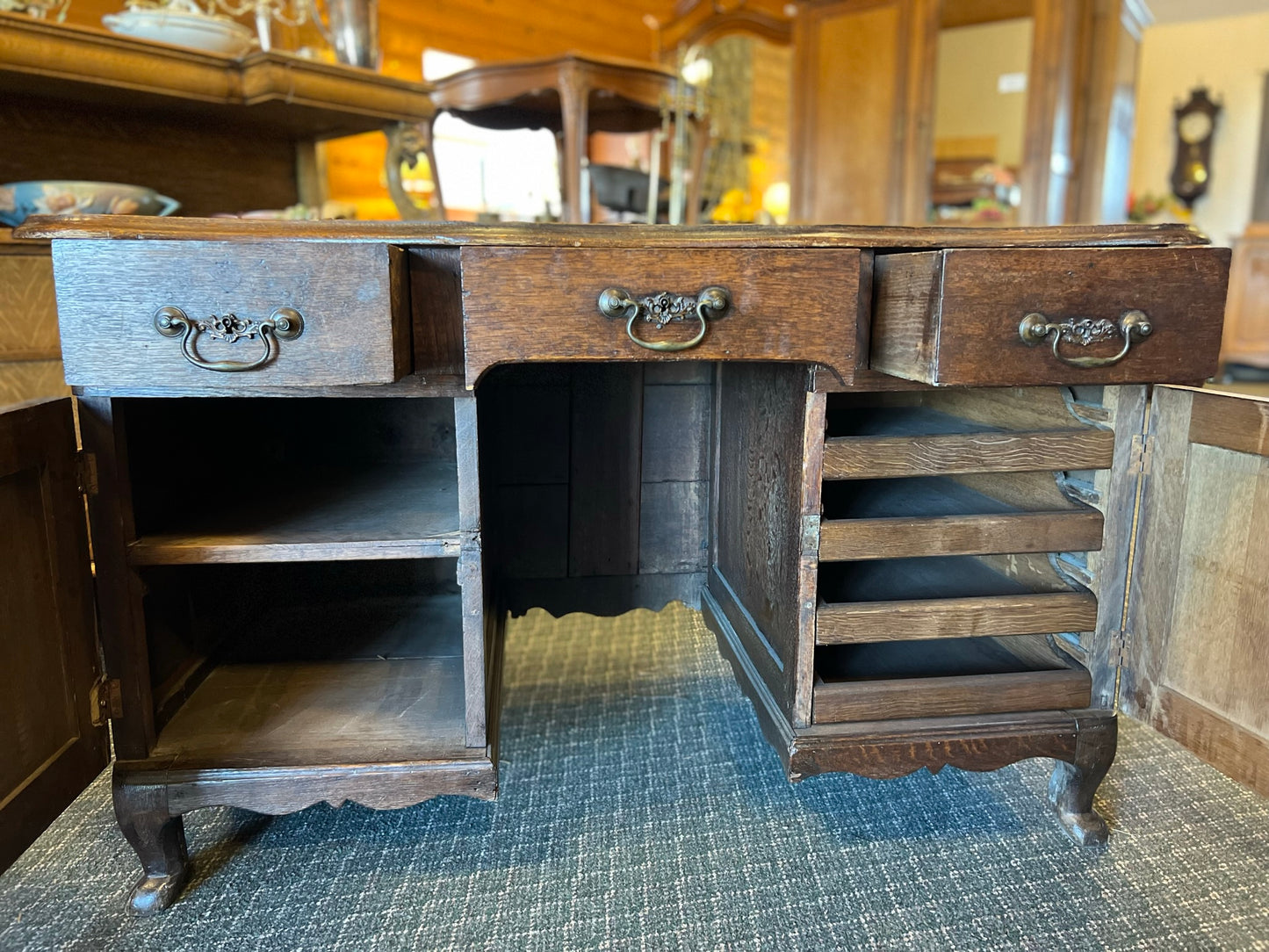 Vintage French Normandy Oak Desk with Carved Detailing and Storage