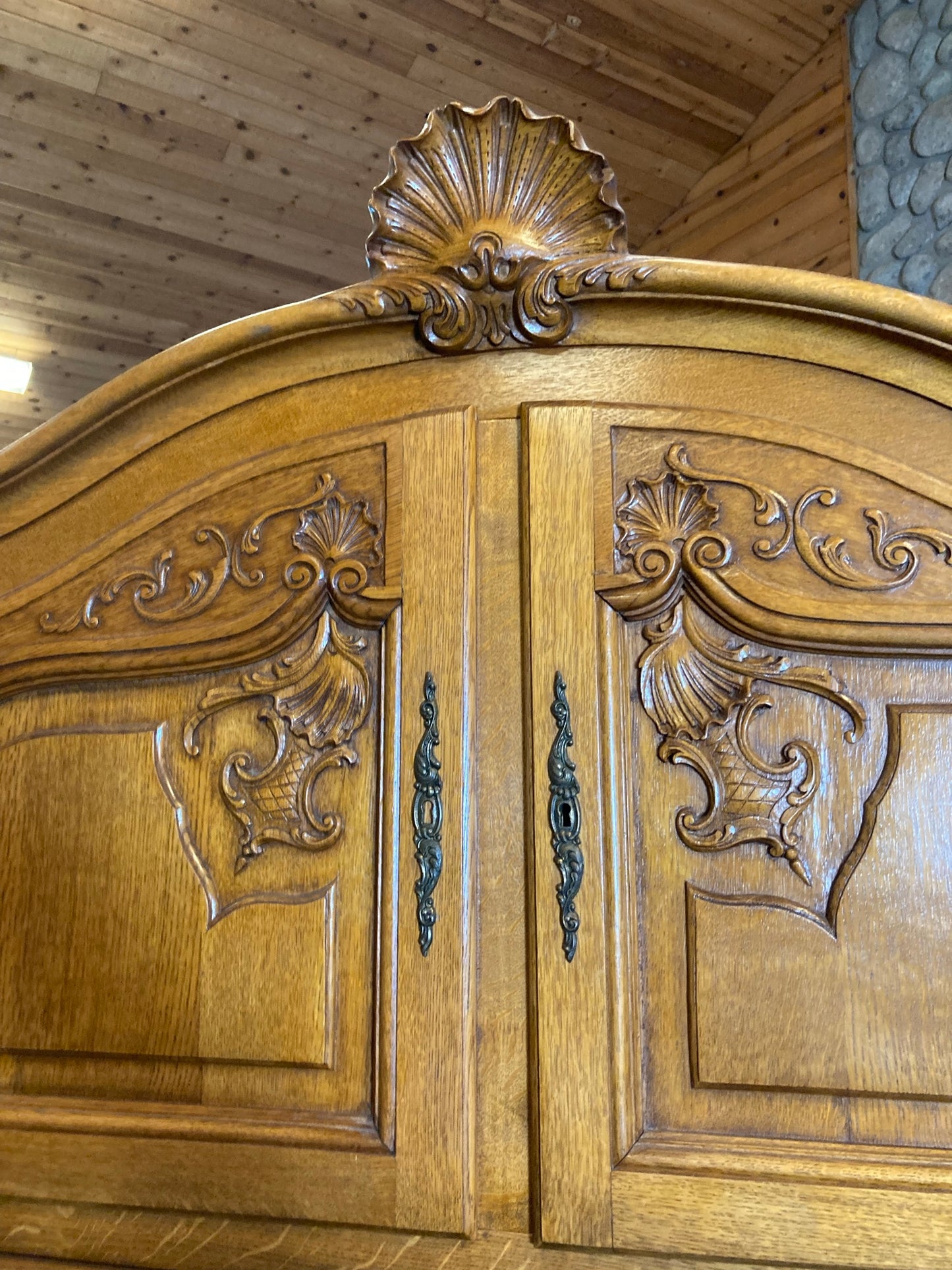 Vintage Belgian Oak Armoire or Dry Bar with Slide-In Doors and Carved Details