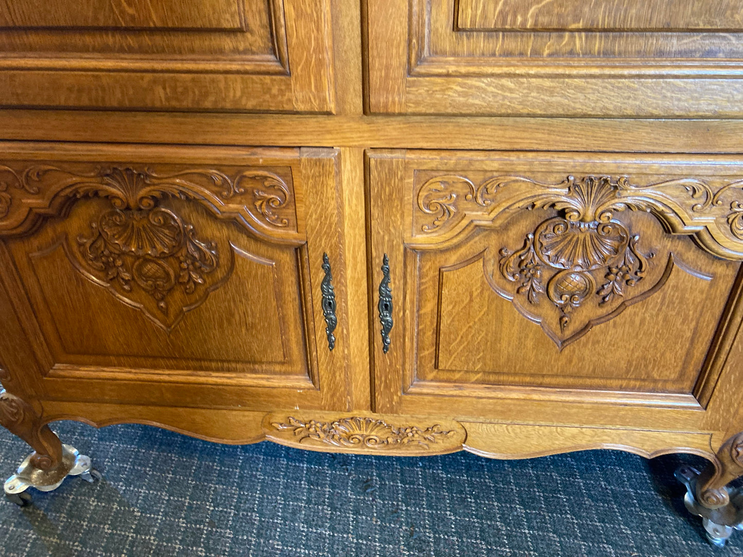 Vintage Belgian Oak Armoire or Dry Bar with Slide-In Doors and Carved Details