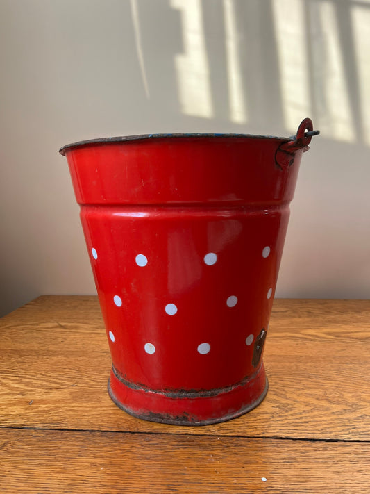 Vintage Hungarian Enamel - Red with White Polka Dots Pail #326