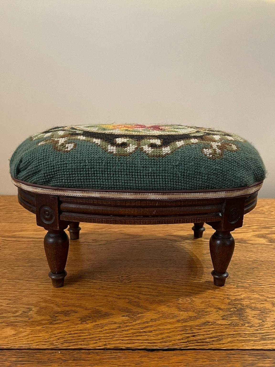 Vintage Belgian Green Needle Point Foot Stool #695