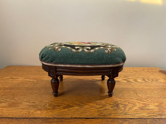Vintage Belgian Green Needle Point Foot Stool