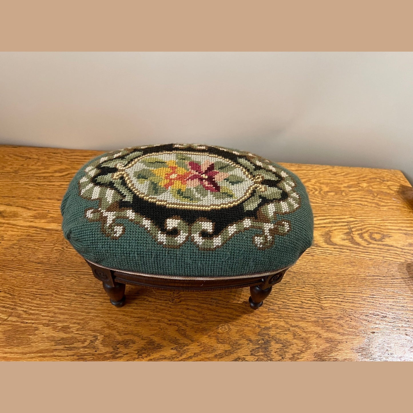 Vintage Belgian Green Needle Point Foot Stool #695