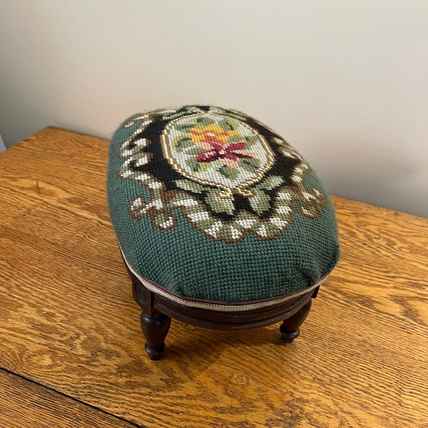 Vintage Belgian Green Needle Point Foot Stool #695