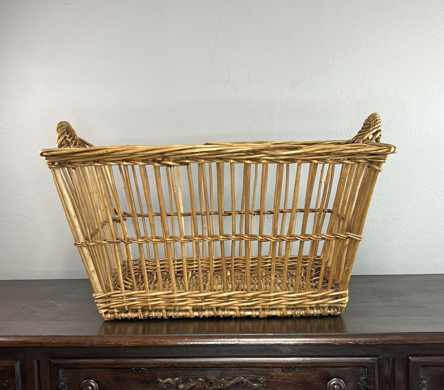 Vintage French Wicker Laundry Basket –  with Handles #6522