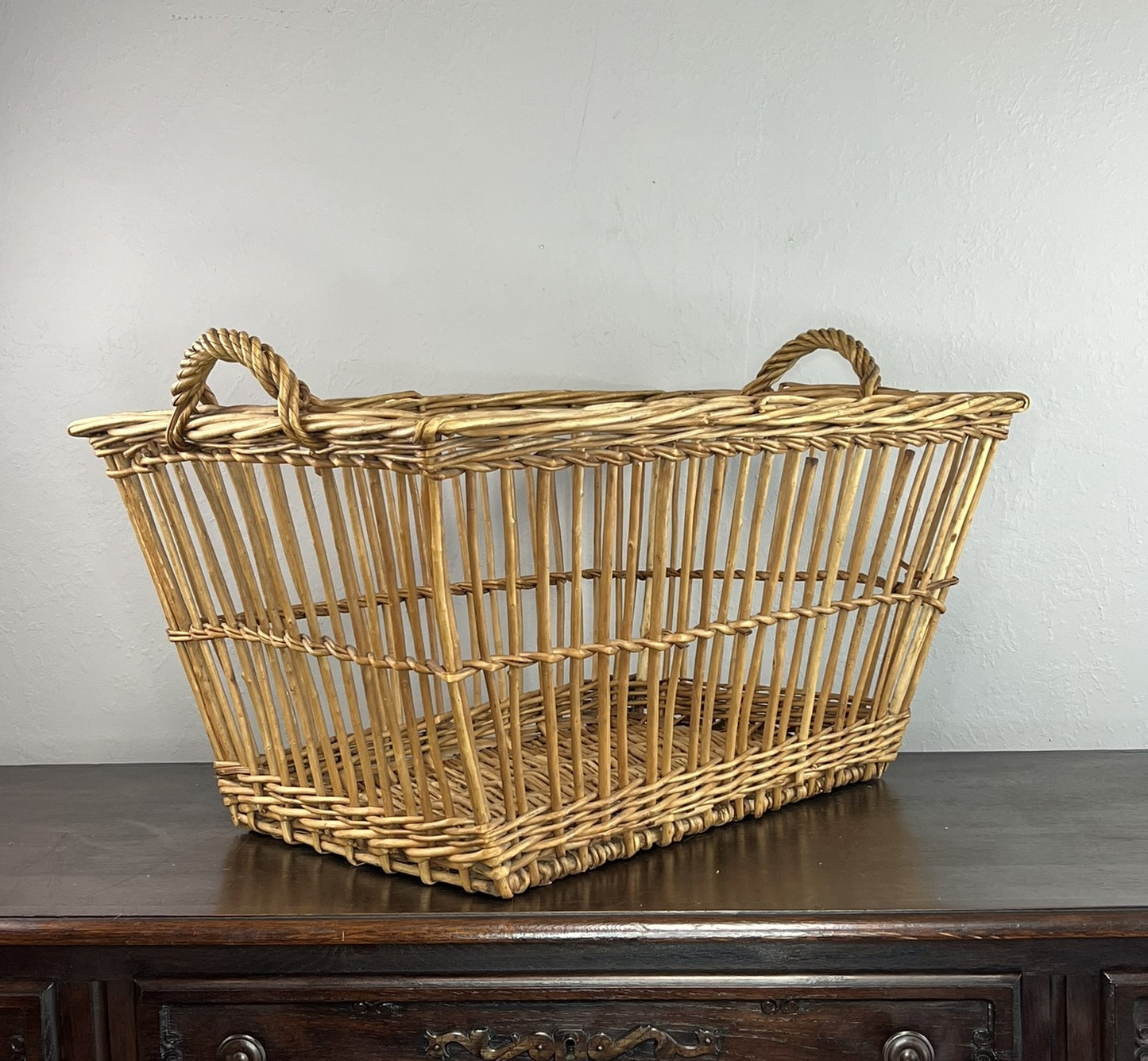 Vintage French Wicker Laundry Basket –  with Handles #6522