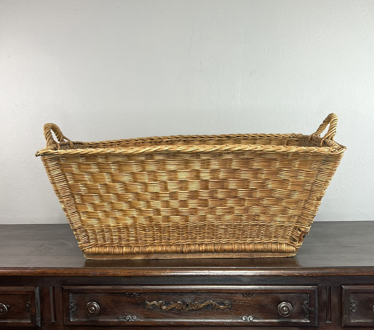 Vintage French Wicker Laundry Basket #6302