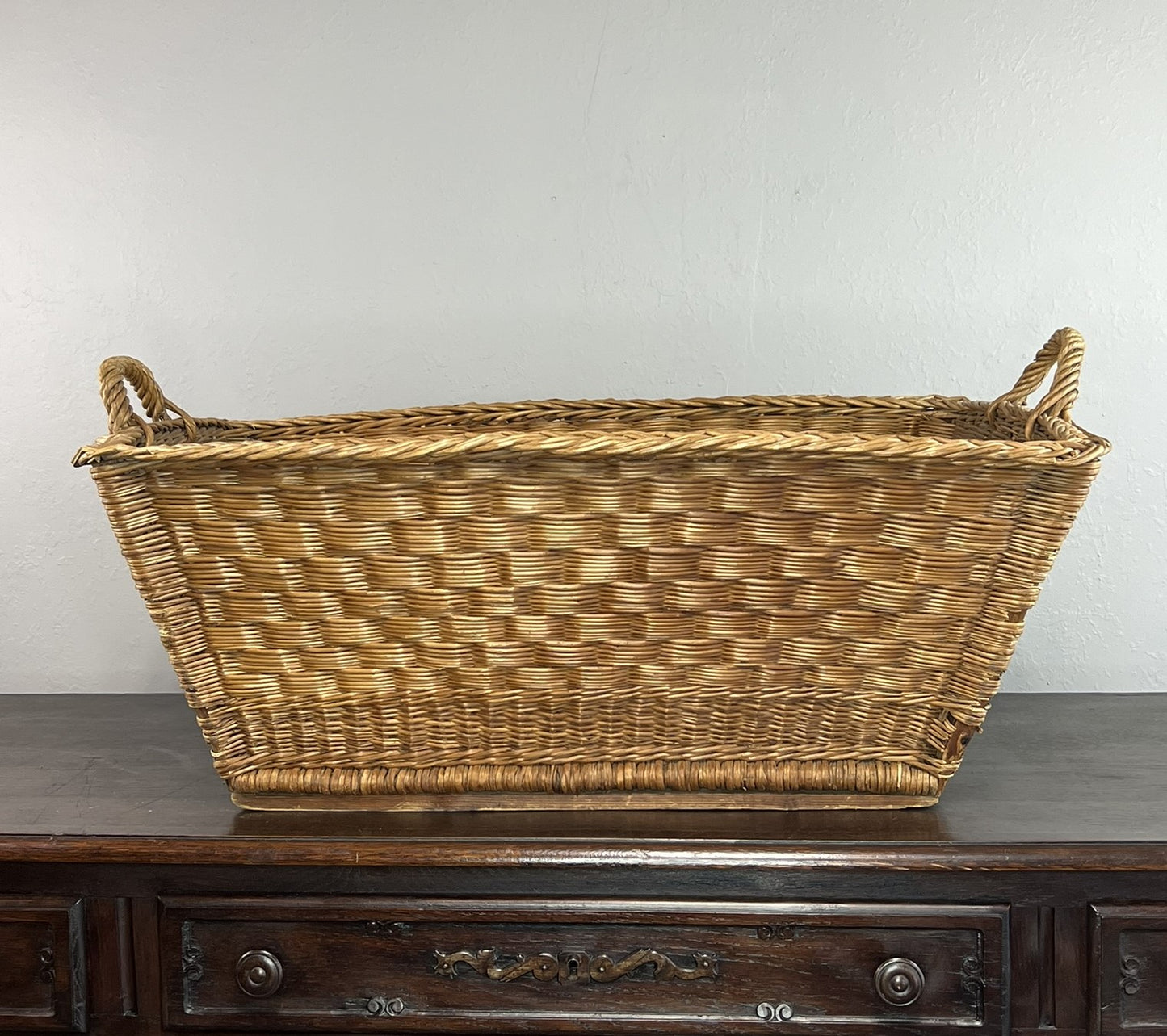 Vintage French Wicker Laundry Basket #6302