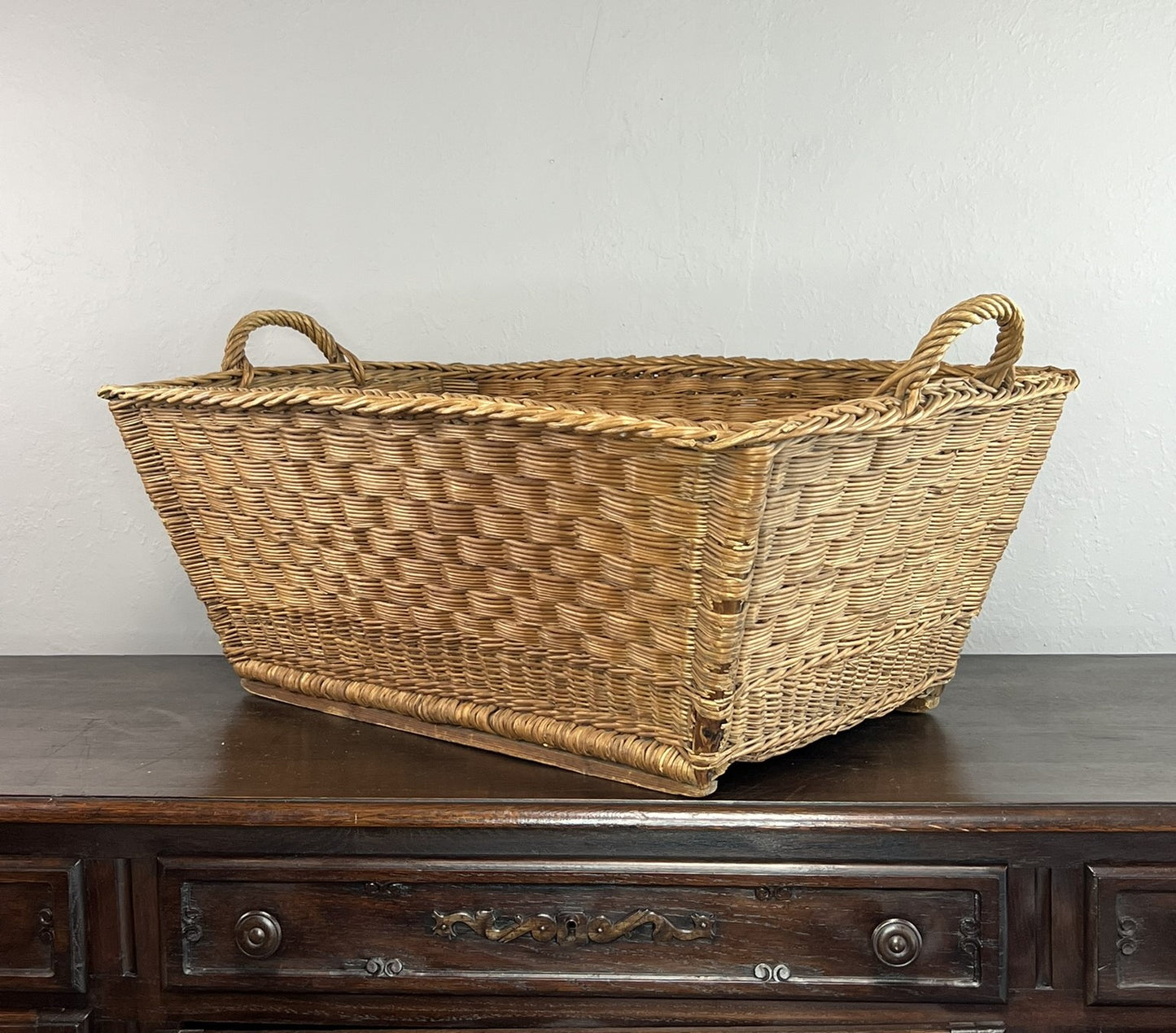 Vintage French Wicker Laundry Basket #6302