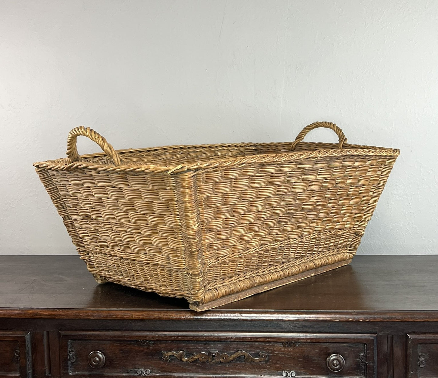 Vintage French Wicker Laundry Basket #6302