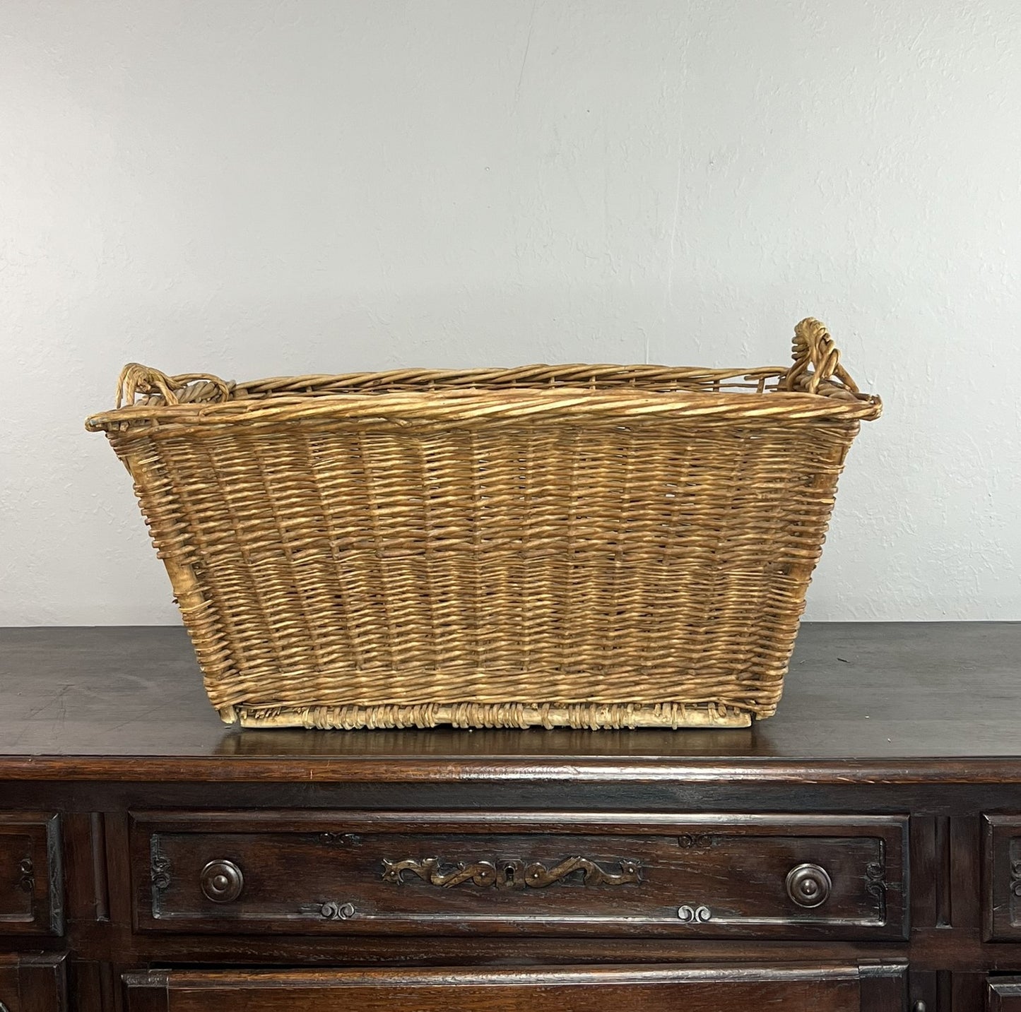 Vintage European Wicker Launrdy Basket with Twisted Handles #527