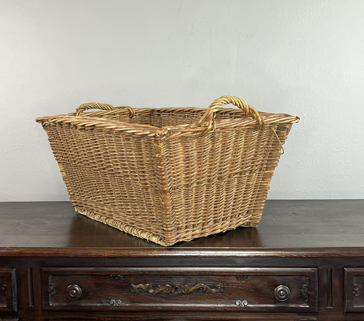 Vintage European Wicker Launrdy Basket with Twisted Handles #527