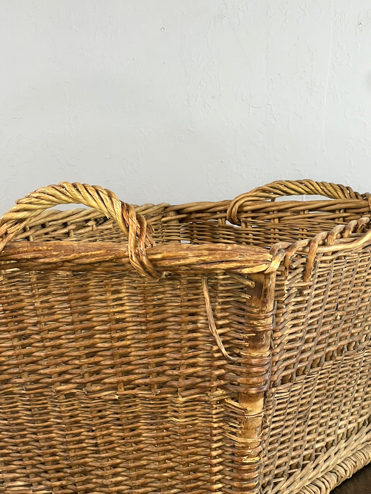 Vintage European Wicker Launrdy Basket with Twisted Handles #527