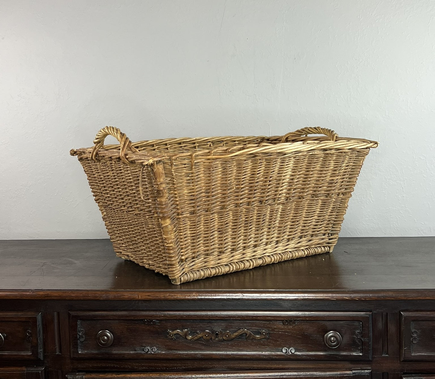 Vintage European Wicker Launrdy Basket with Twisted Handles #527