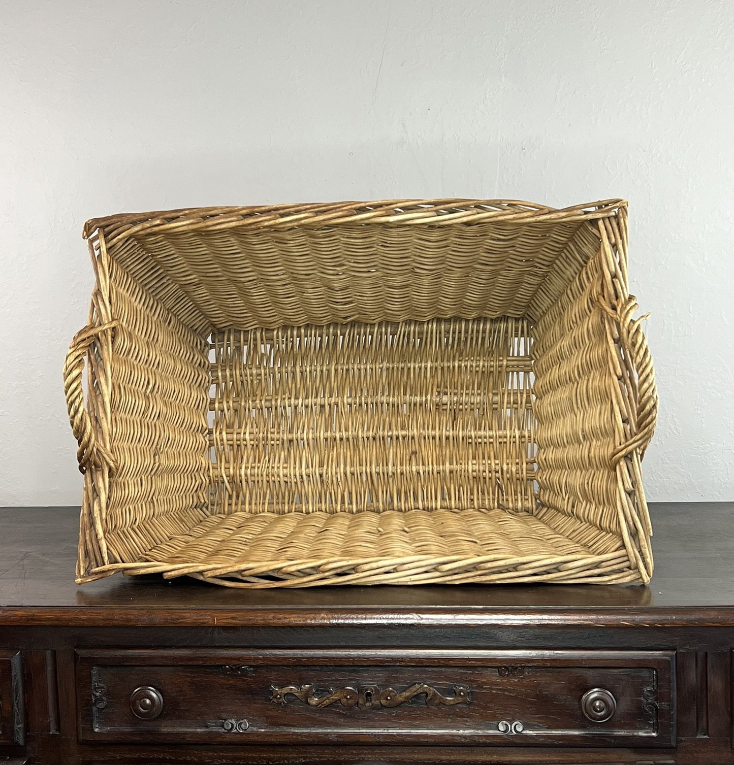Vintage European Wicker Launrdy Basket with Twisted Handles #527