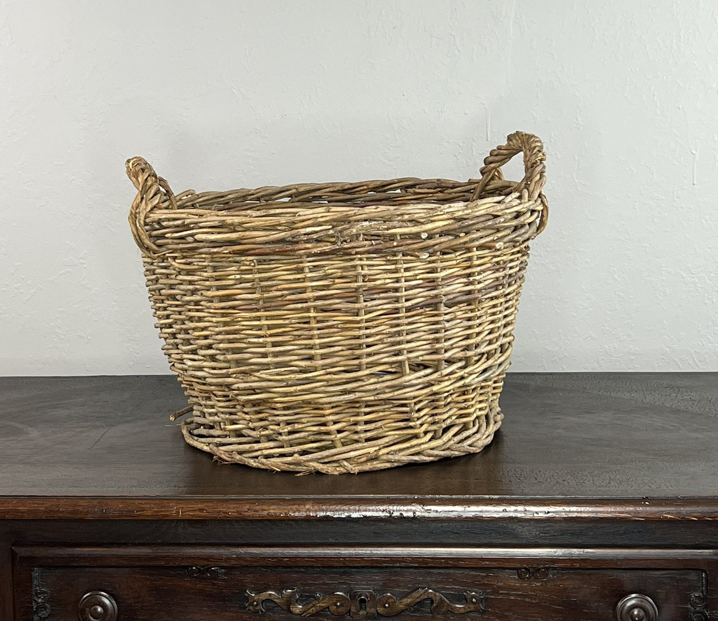 Vintage European Wicker Harvest Basket with Twisted Handles #655