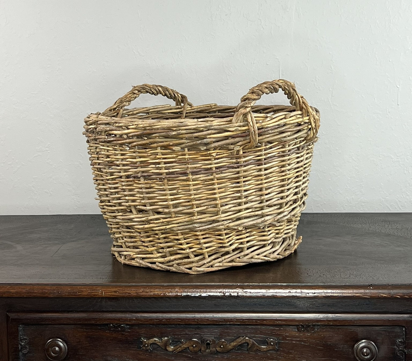 Vintage European Wicker Harvest Basket with Twisted Handles #655