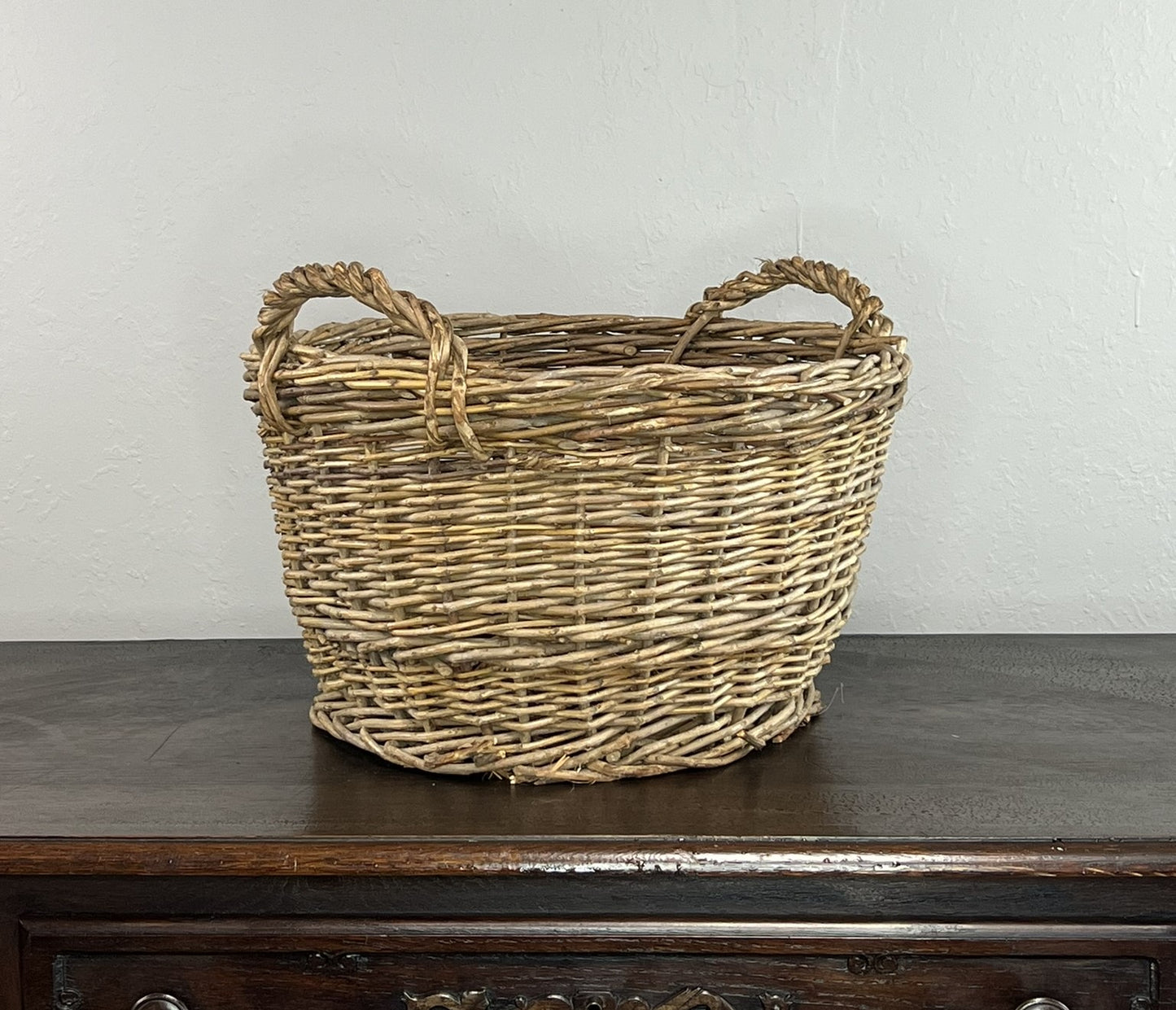 Vintage European Wicker Harvest Basket with Twisted Handles #655