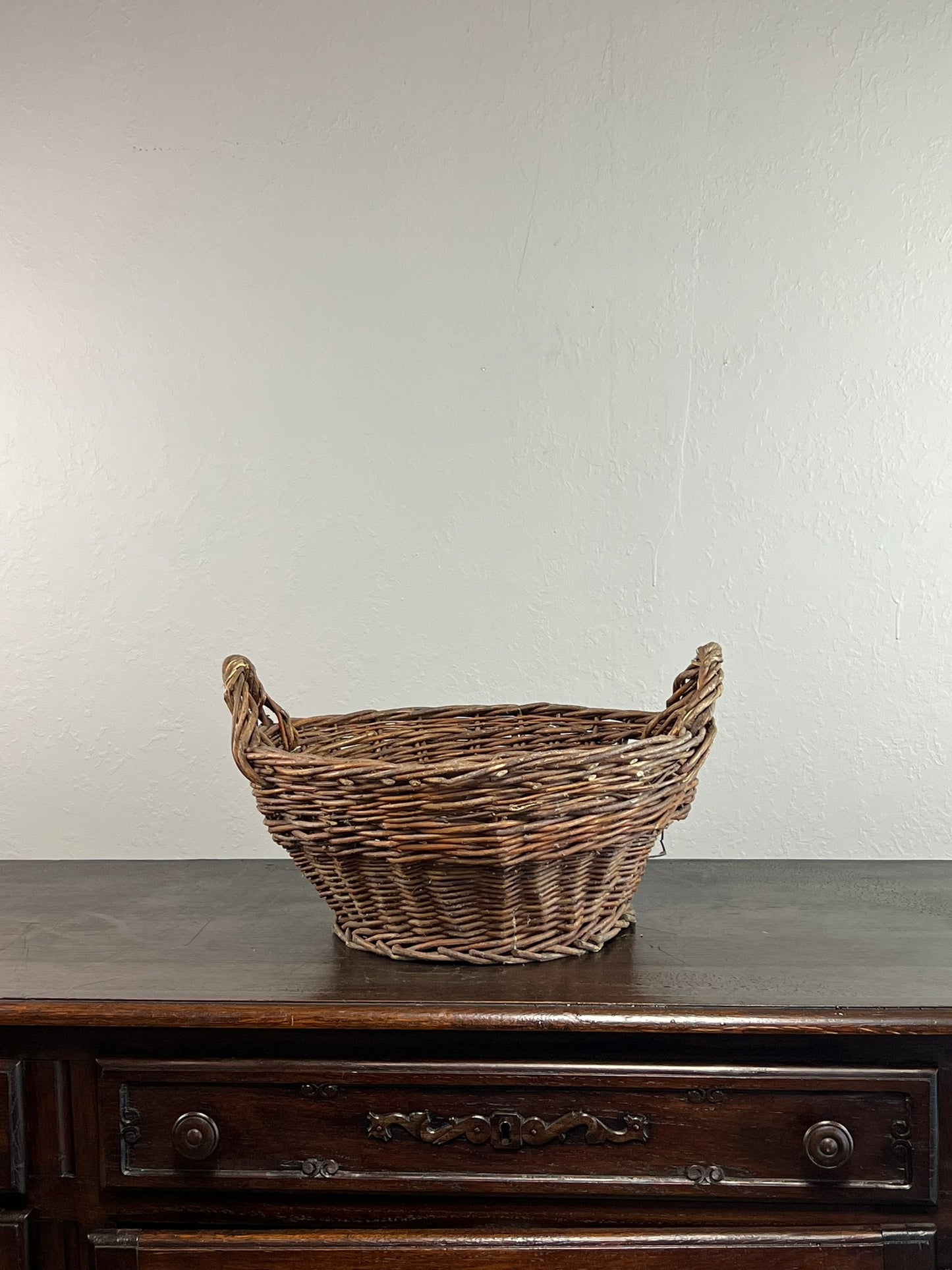 Vintage European Wicker Harvest Basket with Twisted Handles #6801