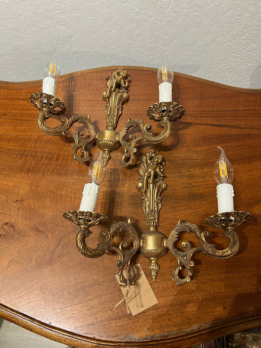 Vintage French Sconce - 2, Brass, Baroque, Cherub #339