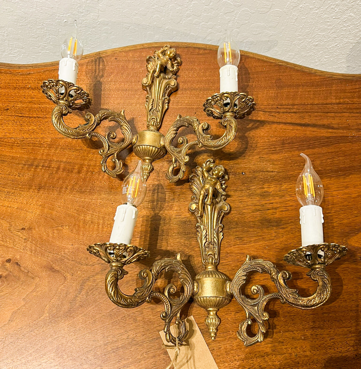 Vintage European Brass Cherub Wall Sconces — Pair
