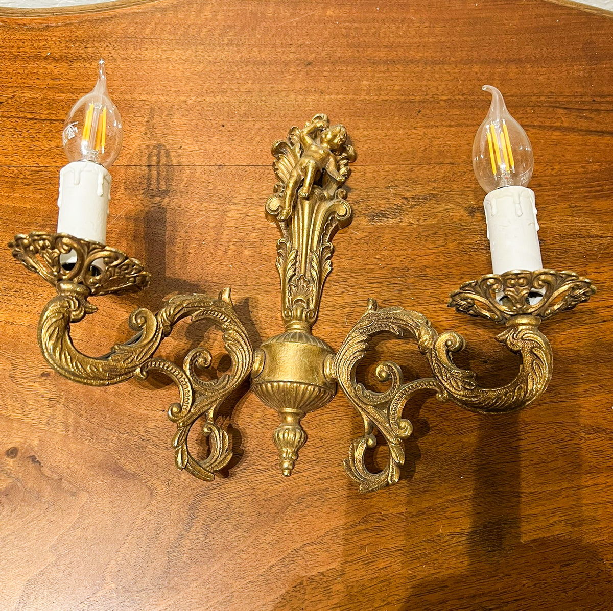 Vintage European Brass Cherub Wall Sconces — Pair