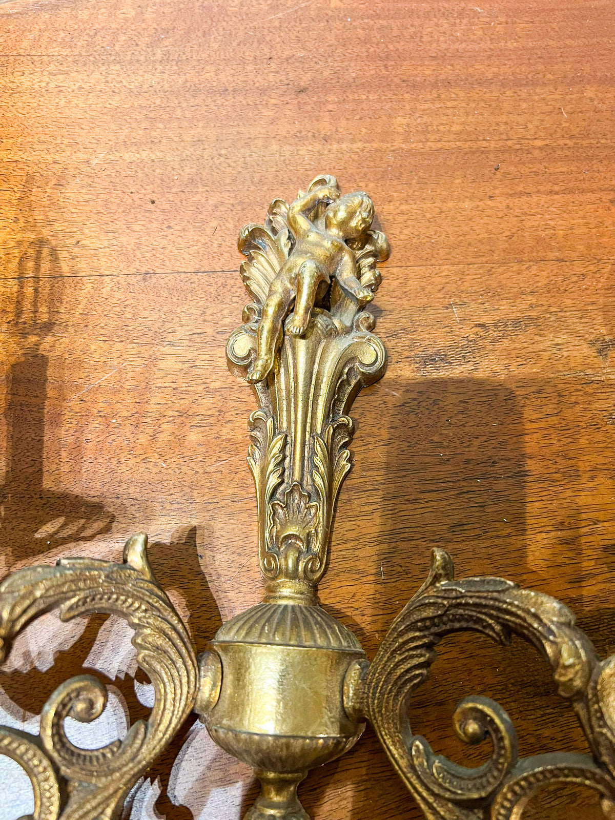 Vintage European Brass Cherub Wall Sconces — Pair