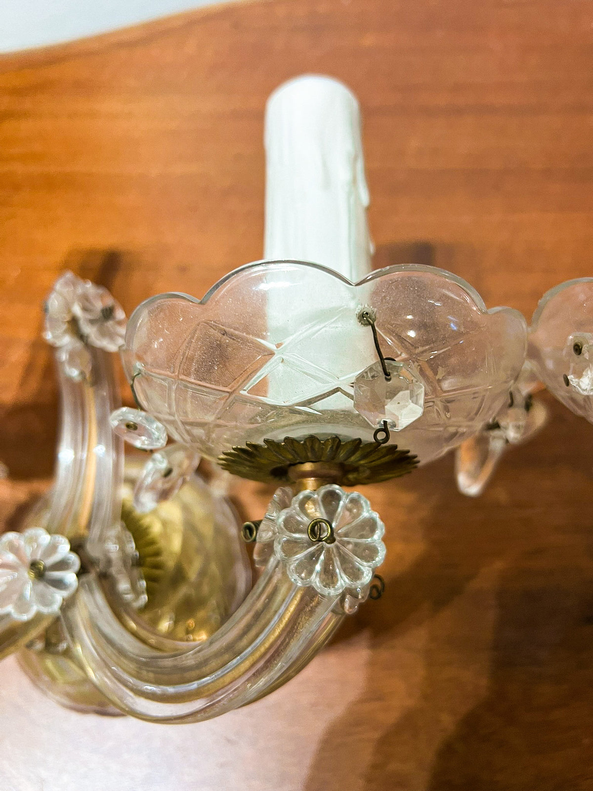 Vintage European Glass-Arm Wall Sconces with Crystal Drops — Pair