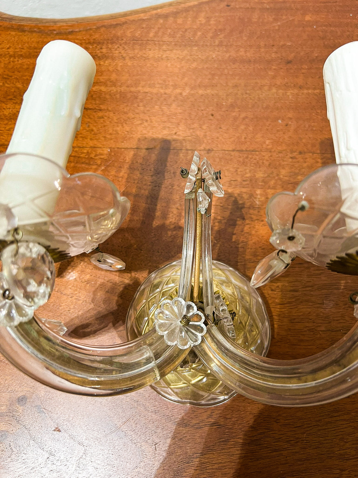 Vintage European Glass-Arm Wall Sconces with Crystal Drops — Pair