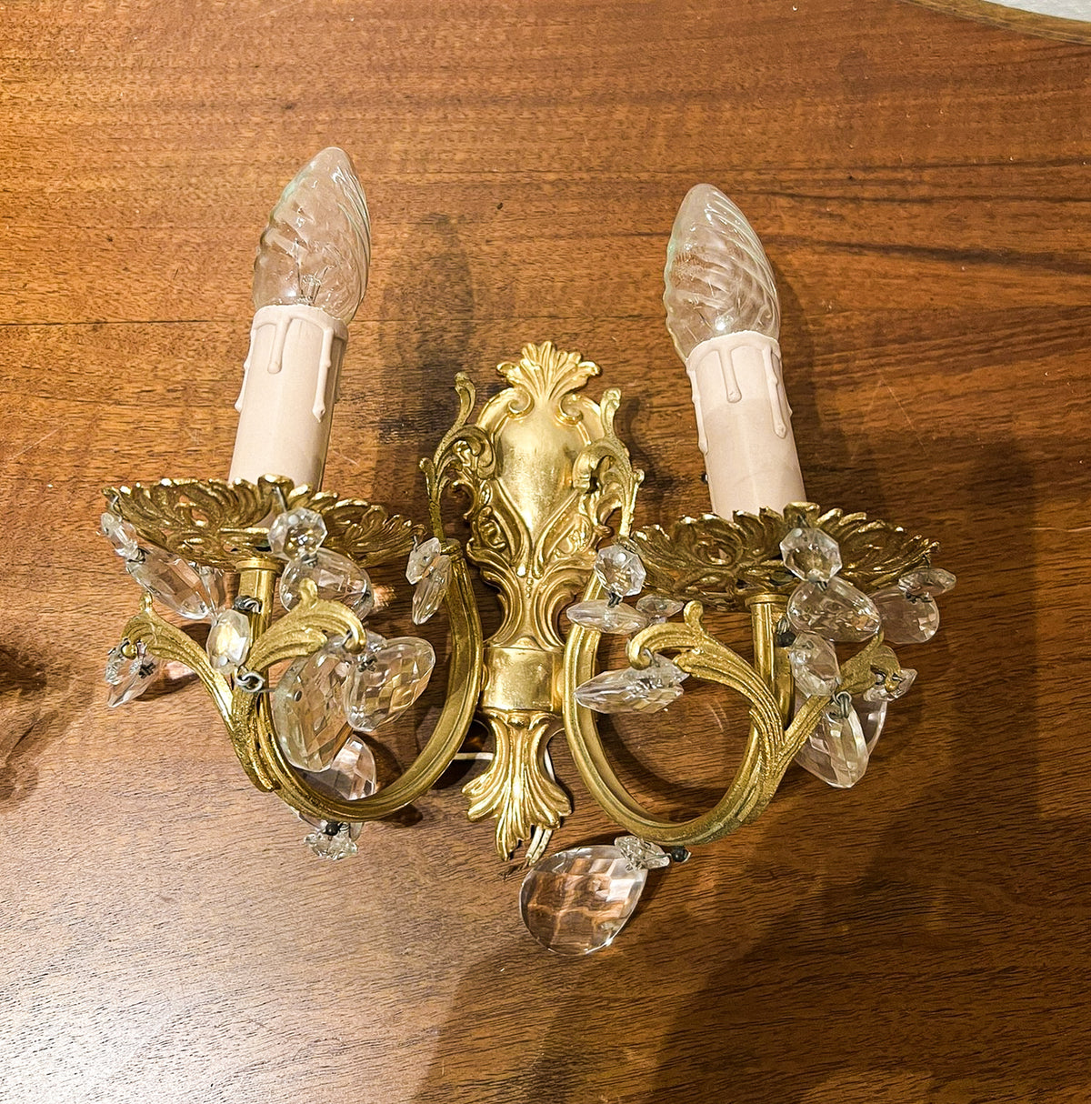 Vintage European Brass & Crystal Two-Light Wall Sconces — Pair