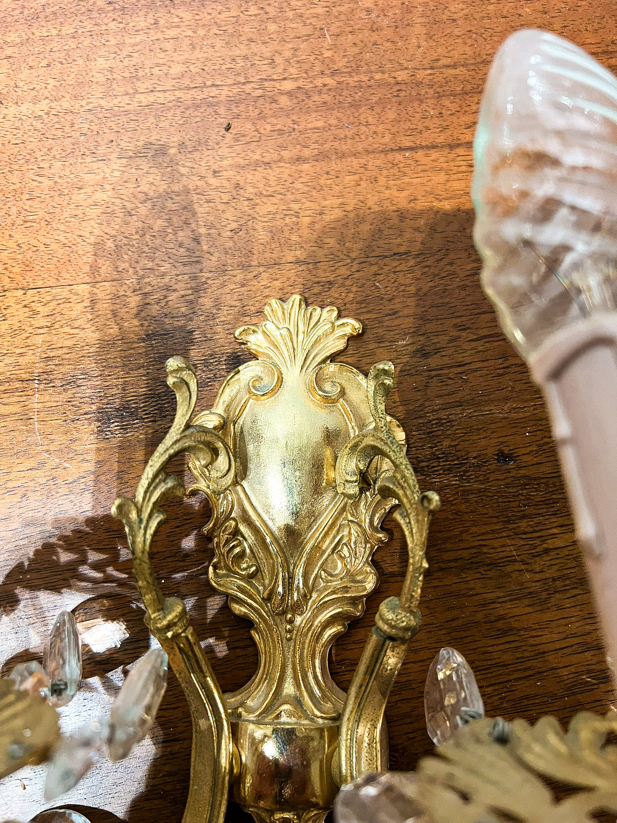 Vintage European Brass & Crystal Two-Light Wall Sconces — Pair