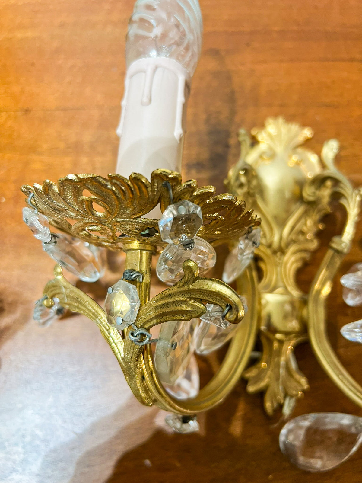 Vintage European Brass & Crystal Two-Light Wall Sconces — Pair