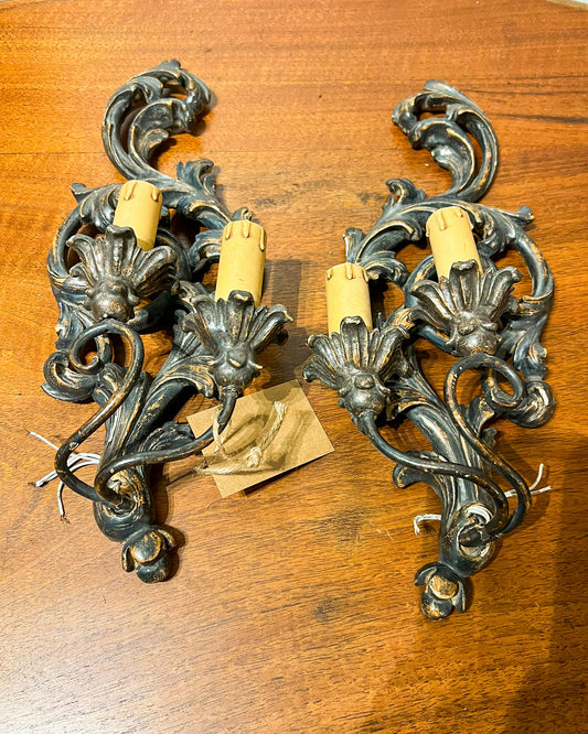 Vintage European Painted Wood Rococo-Style Wall Sconces — Pair