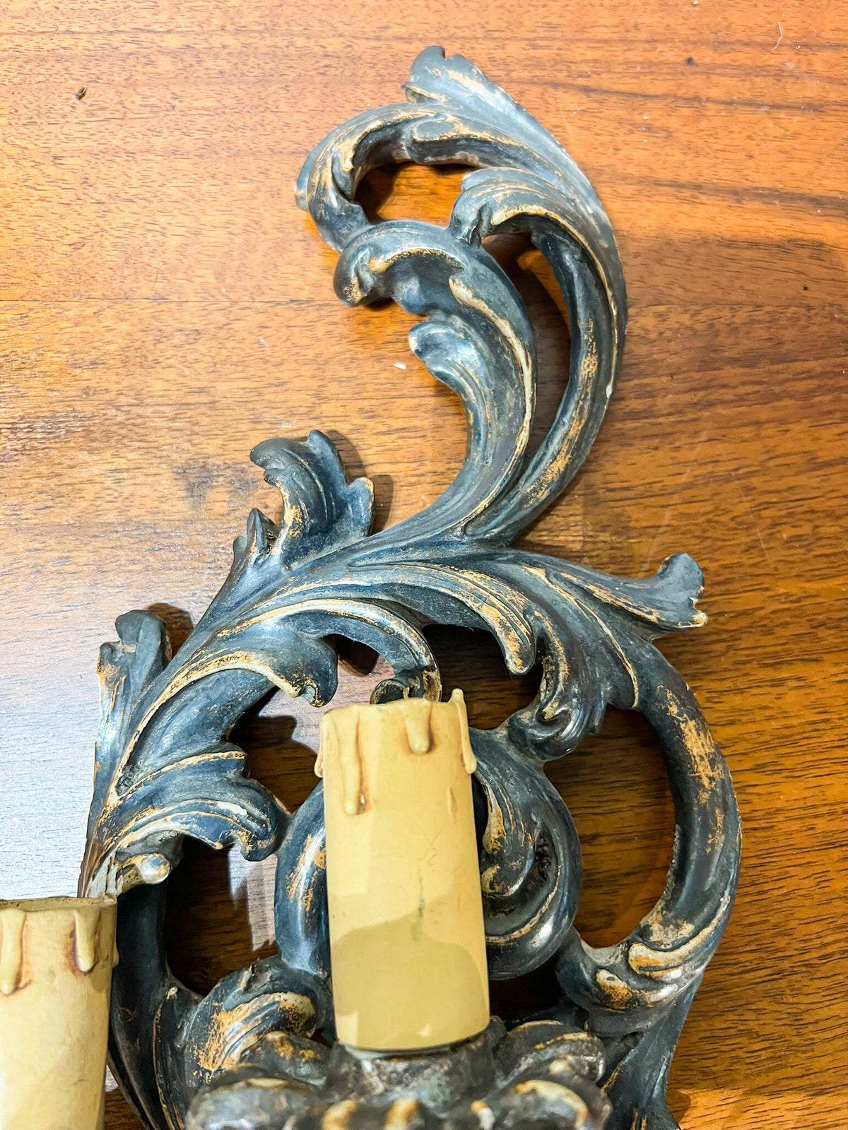 Vintage European Painted Wood Rococo-Style Wall Sconces — Pair