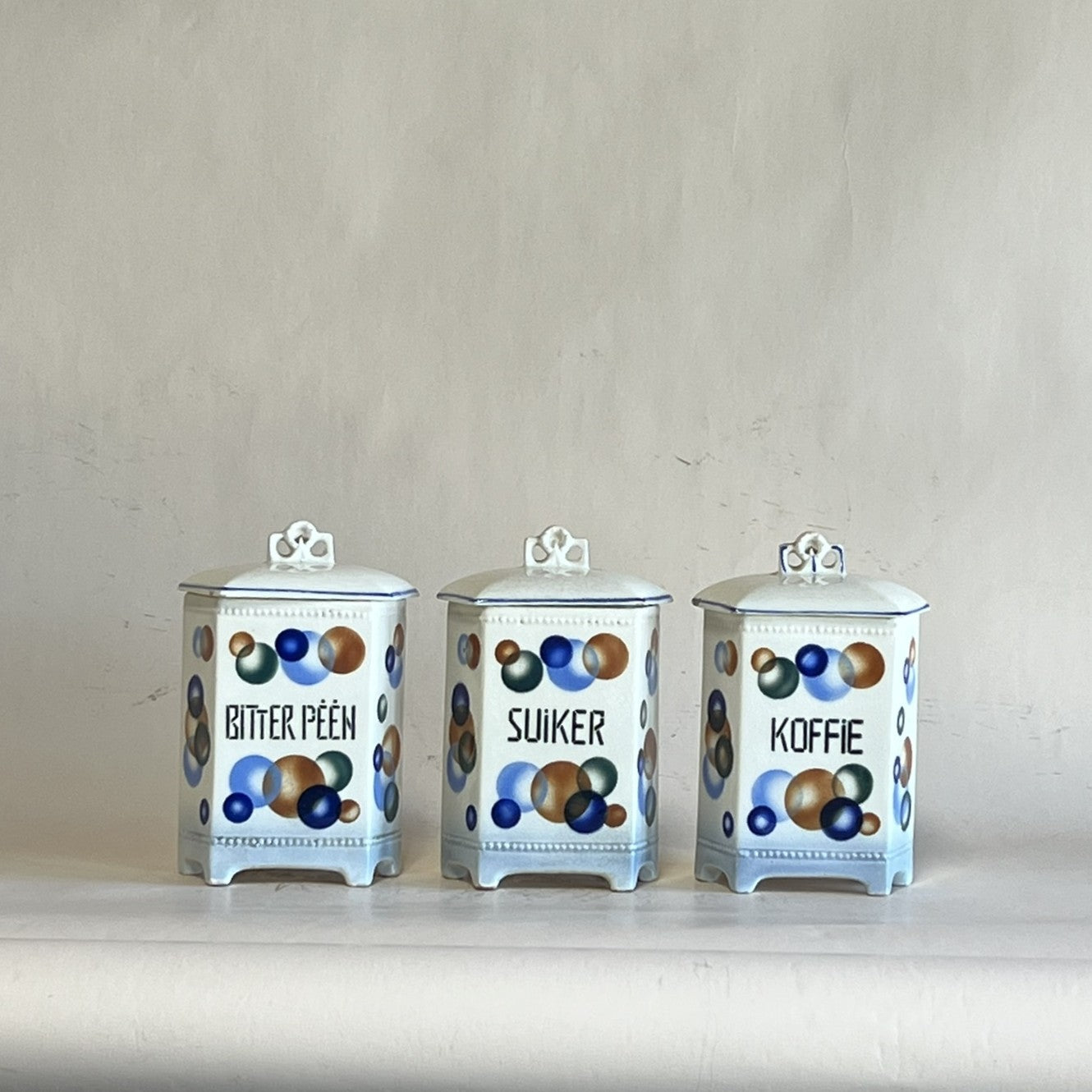 Antique Belgian Art Deco Porcelain Spice Jar Set – 10-Piece Kitchen Storage