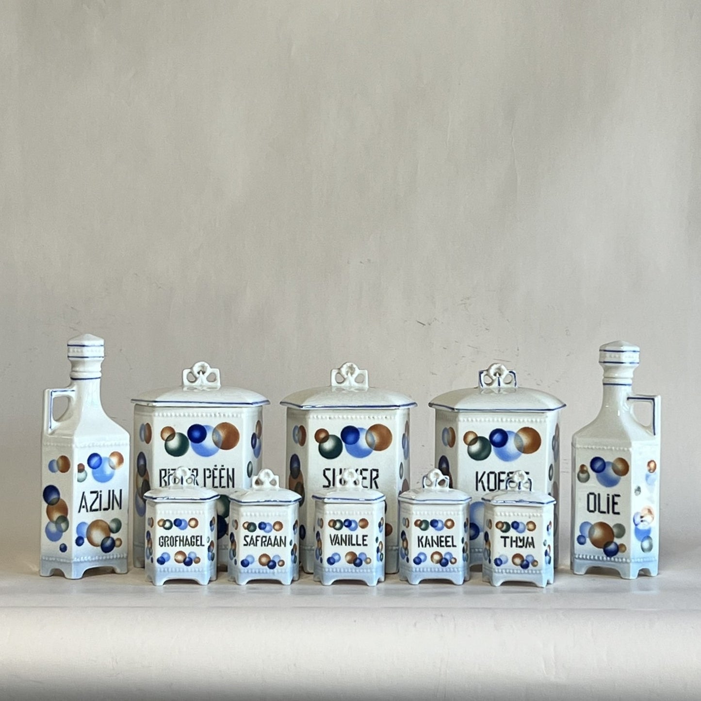 Antique Belgian Art Deco Porcelain Spice Jar Set – 10-Piece Kitchen Storage